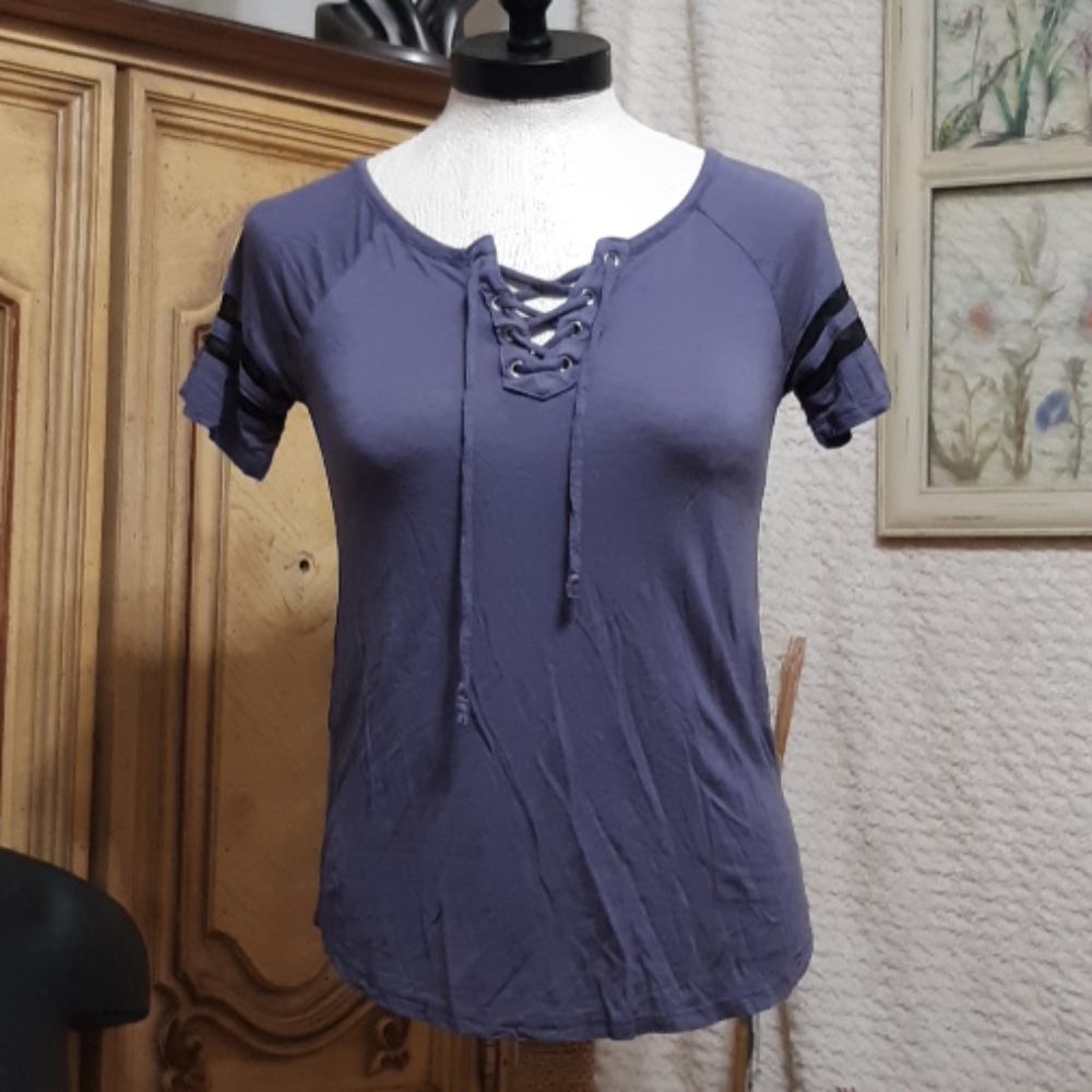 Womens Tee GLITZ T Shirt cross string front Baseball Sleeve Stripe Sz small